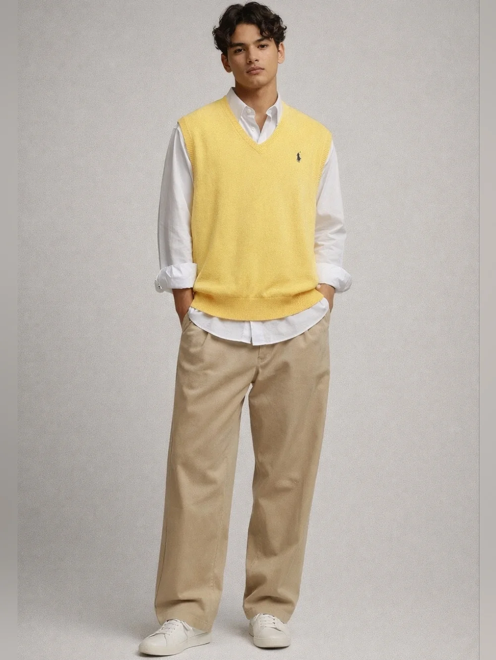 Vintage 90s Polo Ralph Lauren Yellow Pima Cotton Knit Sweater Vest Navy Pony XL‎
